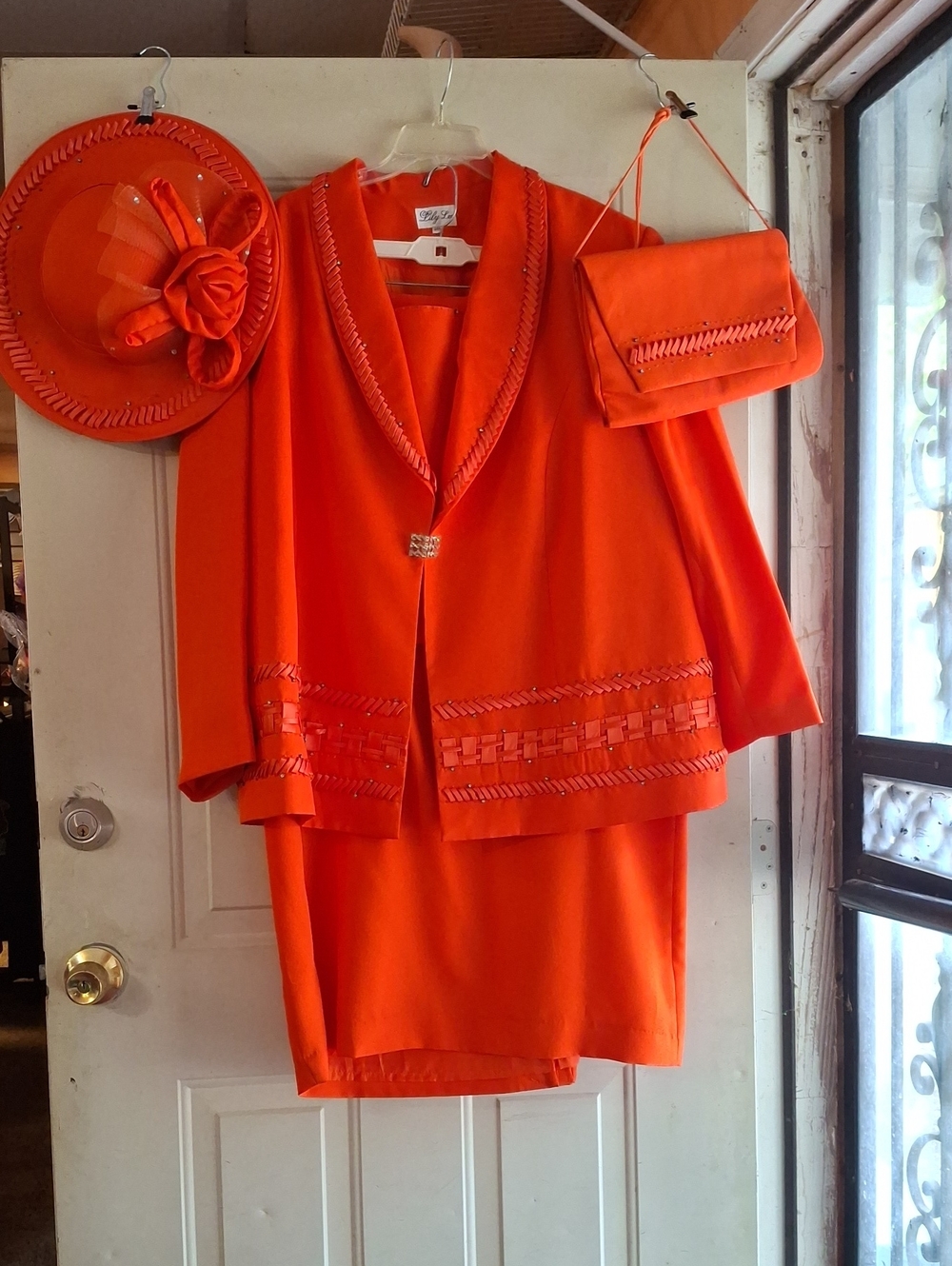Vintage Women’s Orange Skirt Suit with Hat and Clutch - Unbranded